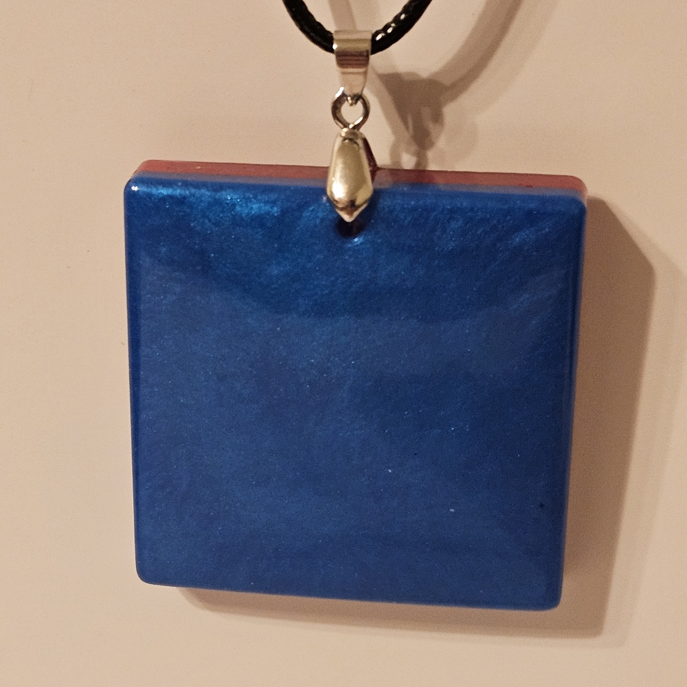Handmade 2" Square Resin Pendant Necklace In Blue And Red